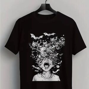 Black Graphic Tee with Surreal Monochrome Illustration